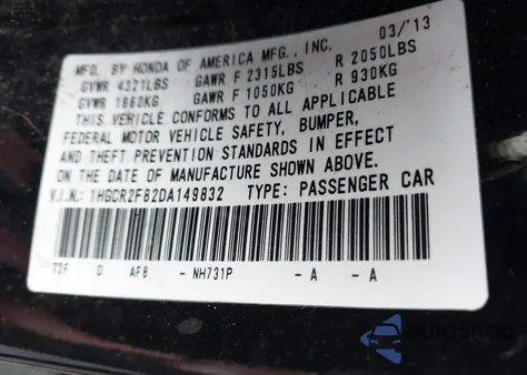 2013 Honda Accord Ex-L z USA, uszkodzony, nr VIN 1HGCR2F82DA149832